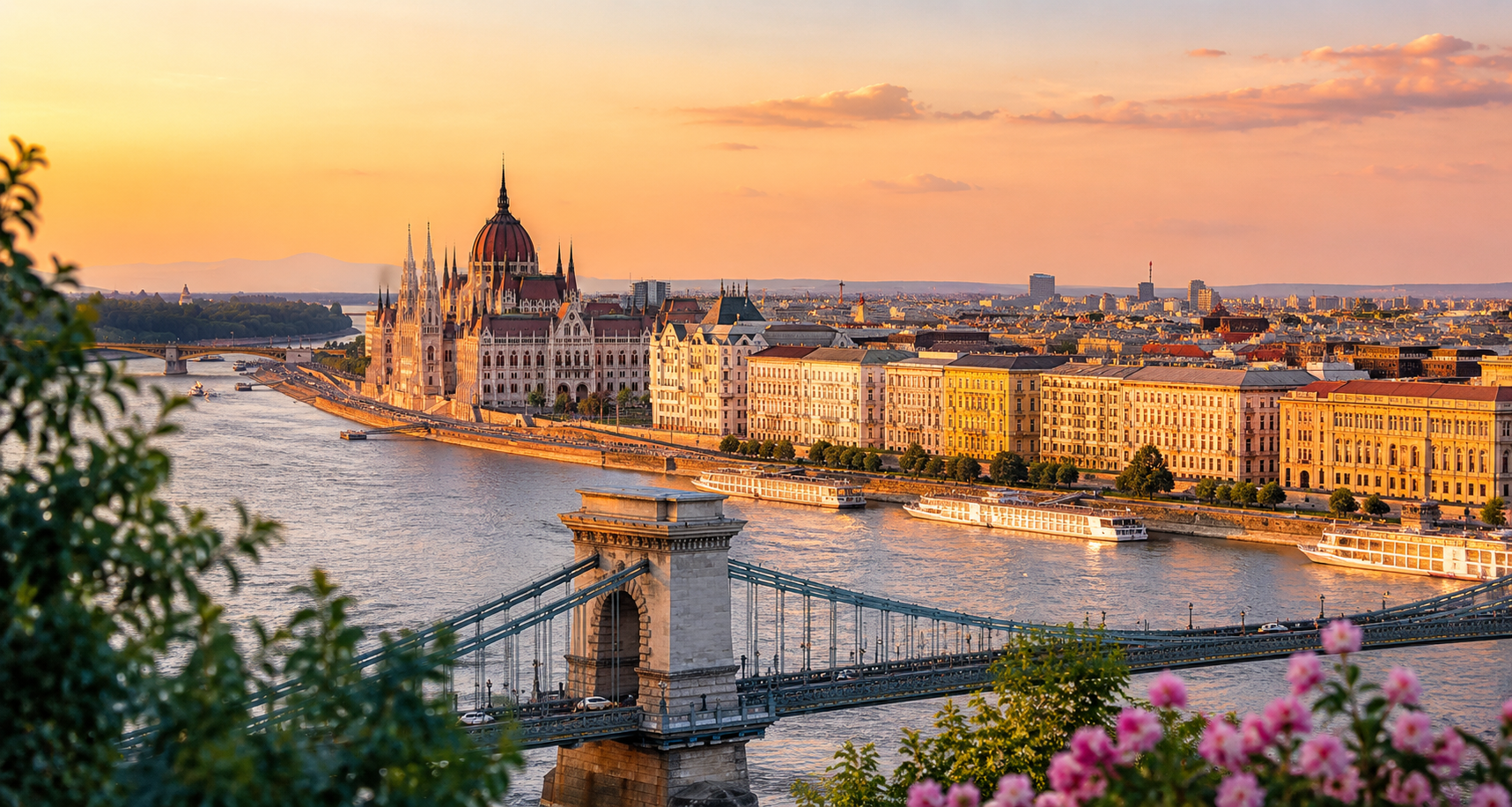 Panorama di Budapest con il Parlamento ungherese, il Ponte delle Catene e il Danubio al tramonto.