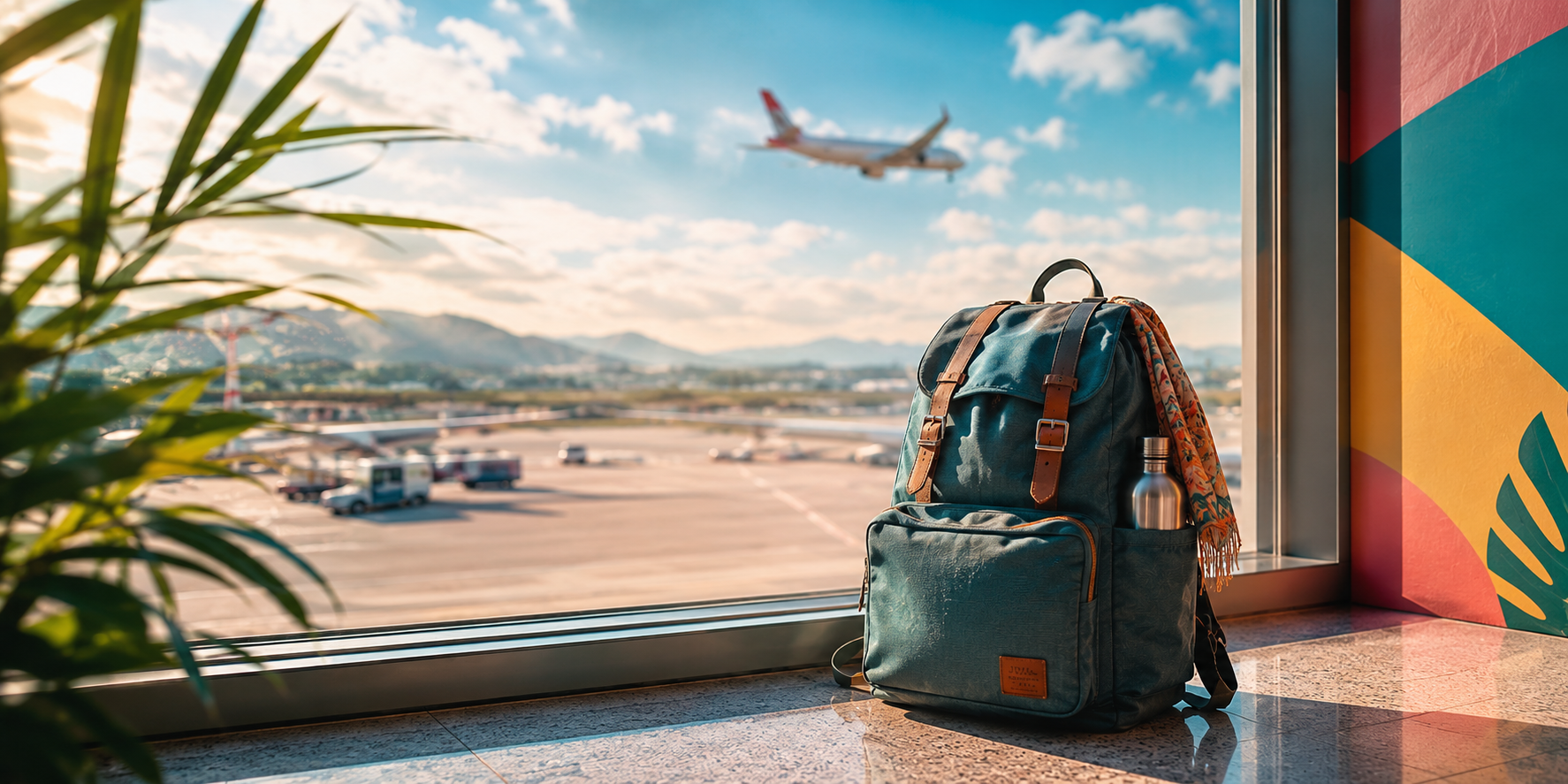 Zaino da viaggio minimal davanti a un terminal aeroportuale, simbolo del viaggio leggero e low cost.