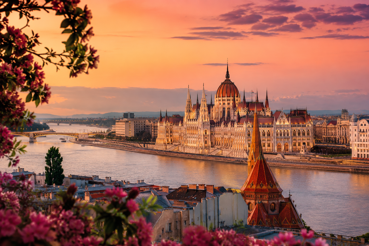 Panorama di Budapest con il Parlamento e il Danubio al tramonto