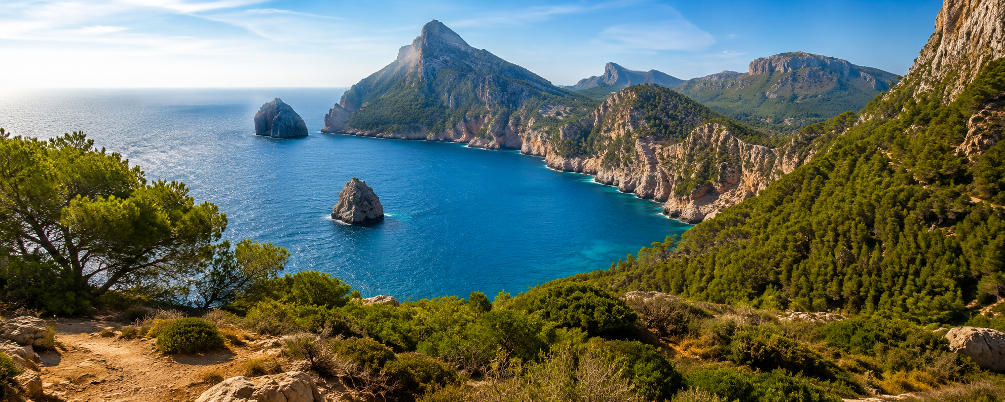 Panorama della costa di Maiorca con mare turchese e scogliere delle Baleari