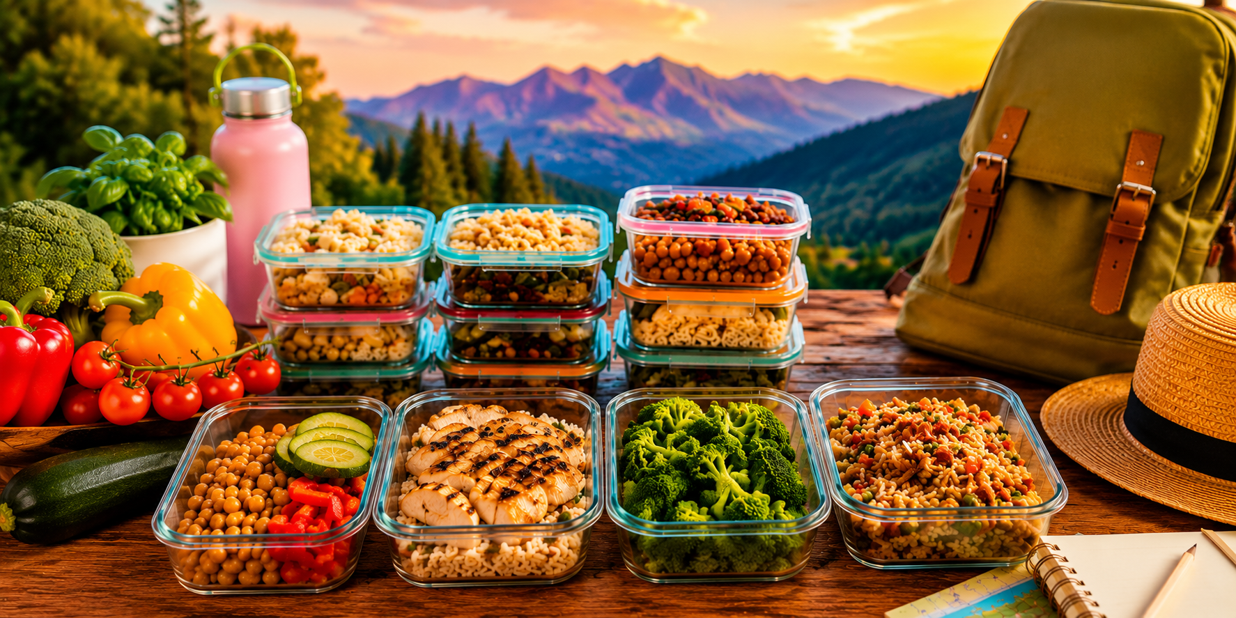 Contenitori con pasti preparati in anticipo su un tavolo con verdure fresche e zaino da viaggio, simbolo del meal prep per risparmiare tempo e denaro da dedicare ai viaggi.